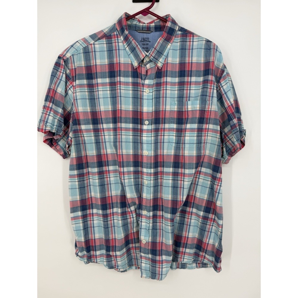 IZOD Men's 2XL Plaid Short Sleeve Button-Down Shirt Red White Blue